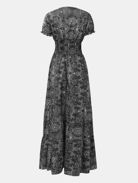 Full Size Smocked Printed V-Neck Short Sleeve Dress - V.I.P Digital Presence