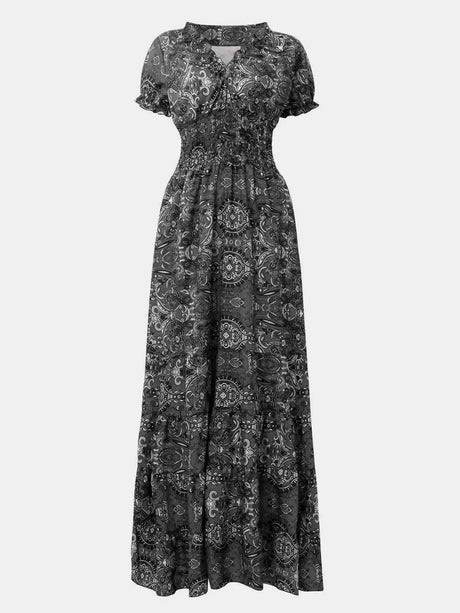 Full Size Smocked Printed V-Neck Short Sleeve Dress - V.I.P Digital Presence