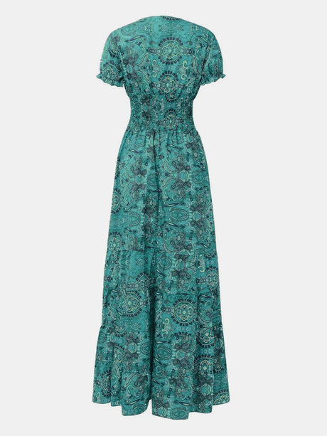 Full Size Smocked Printed V-Neck Short Sleeve Dress - V.I.P Digital Presence