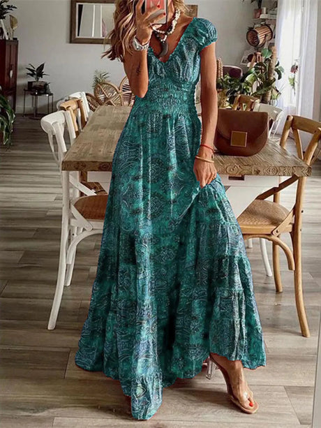 Full Size Smocked Printed V-Neck Short Sleeve Dress - V.I.P Digital Presence