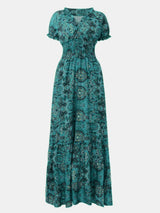 Full Size Smocked Printed V-Neck Short Sleeve Dress - V.I.P Digital Presence