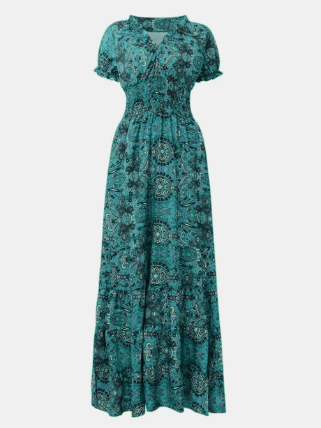 Full Size Smocked Printed V-Neck Short Sleeve Dress - V.I.P Digital Presence