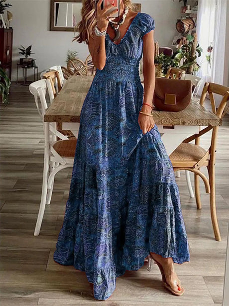 Full Size Smocked Printed V-Neck Short Sleeve Dress - V.I.P Digital Presence