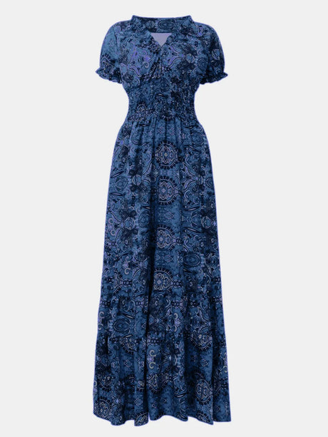 Full Size Smocked Printed V-Neck Short Sleeve Dress - V.I.P Digital Presence