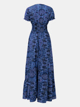 Full Size Smocked Printed V-Neck Short Sleeve Dress - V.I.P Digital Presence