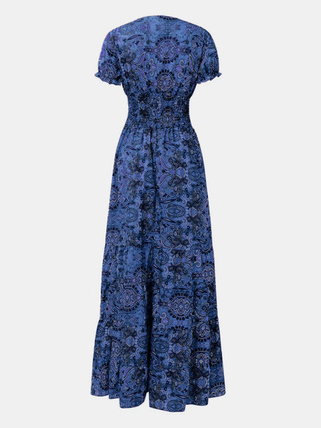 Full Size Smocked Printed V-Neck Short Sleeve Dress - V.I.P Digital Presence
