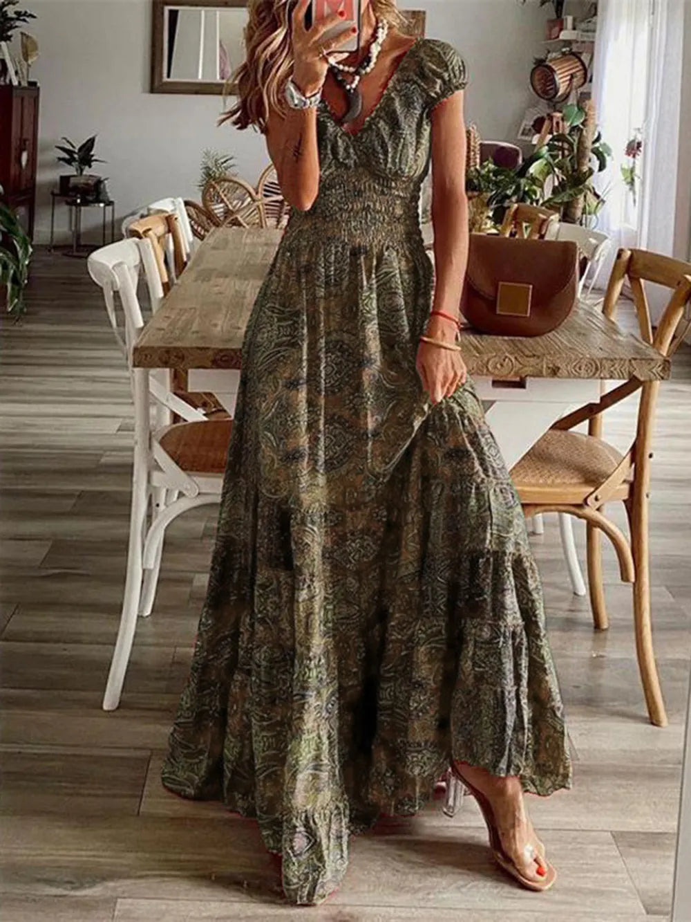 Full Size Smocked Printed V-Neck Short Sleeve Dress - V.I.P Digital Presence