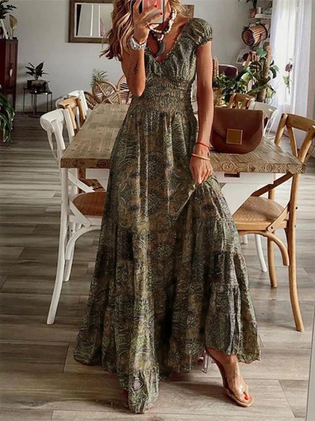 Full Size Smocked Printed V-Neck Short Sleeve Dress - V.I.P Digital Presence