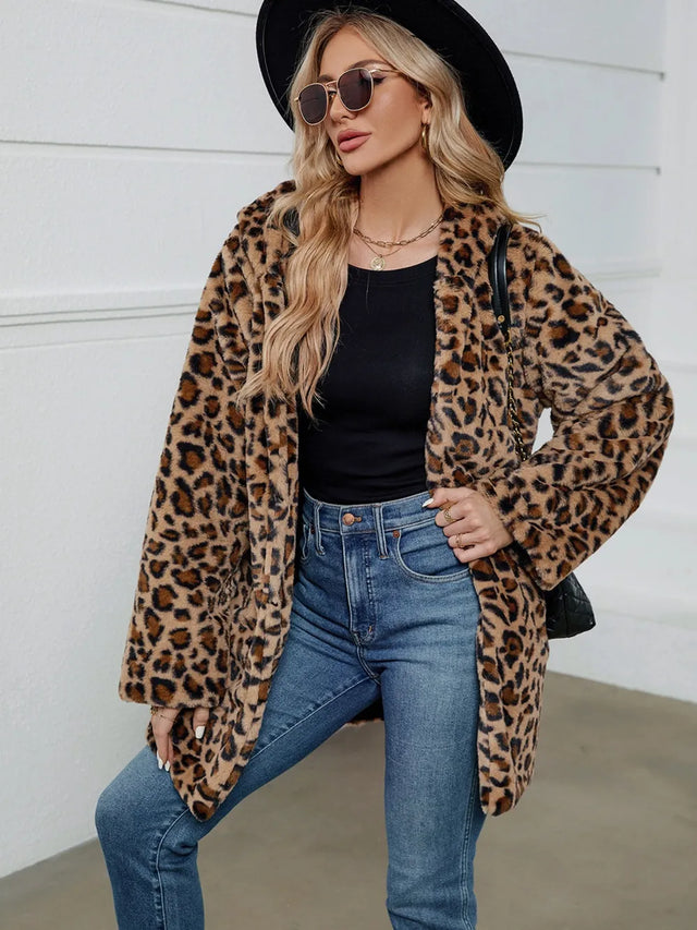 Fuzzy Leopard Hooded Long Sleeve Jacket - V.I.P Digital Presence