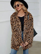 Fuzzy Leopard Hooded Long Sleeve Jacket - V.I.P Digital Presence