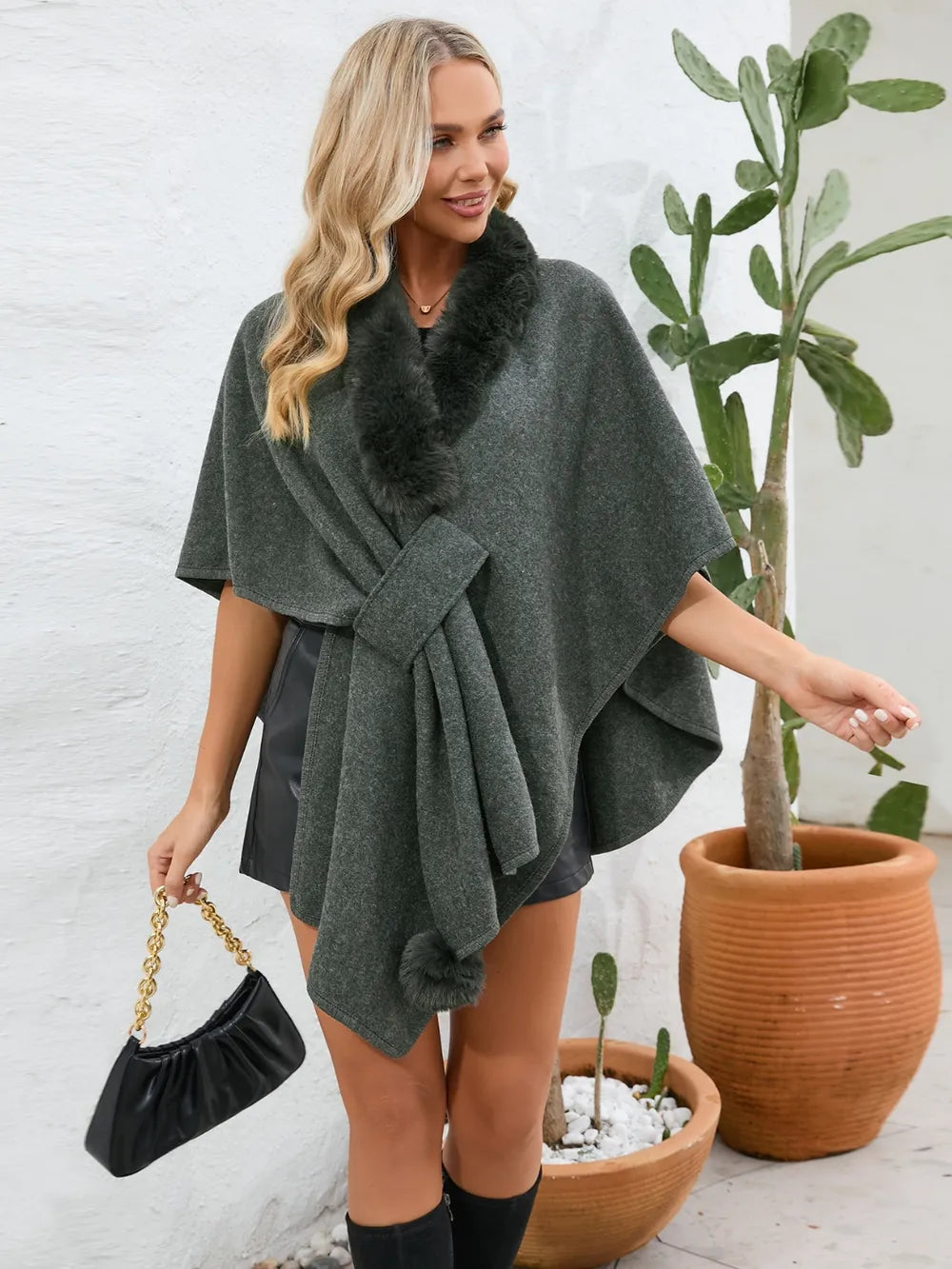 Fuzzy Trim Open Front Poncho - V.I.P Digital Presence