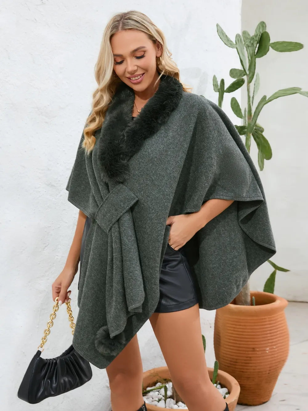 Fuzzy Trim Open Front Poncho - V.I.P Digital Presence