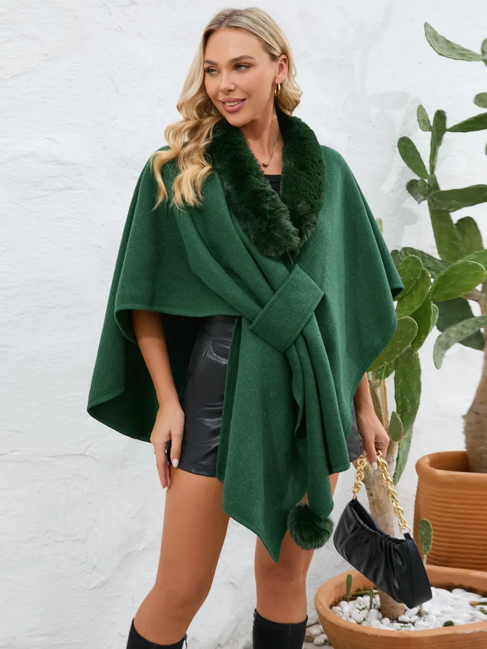 Fuzzy Trim Open Front Poncho - V.I.P Digital Presence