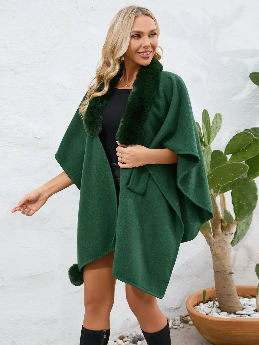 Fuzzy Trim Open Front Poncho - V.I.P Digital Presence
