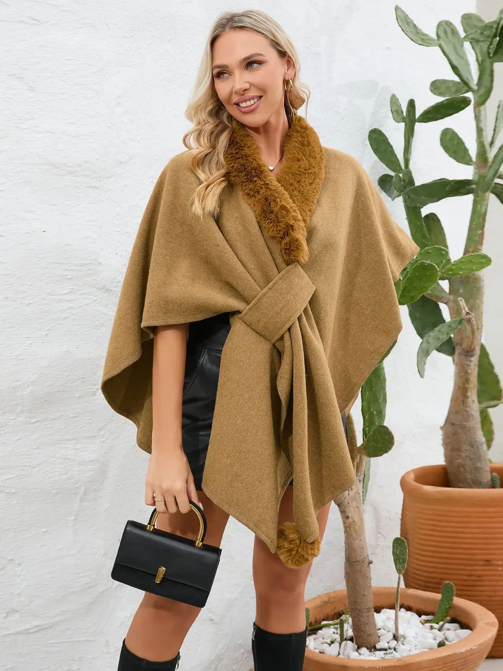 Fuzzy Trim Open Front Poncho - V.I.P Digital Presence