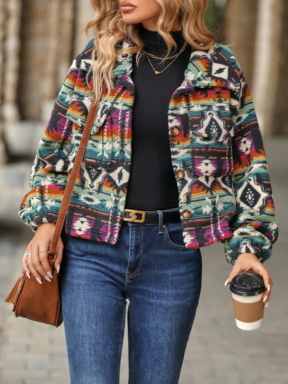 Geometric Dropped Shoulder Balloon Sleeve Outerwear - V.I.P Digital Presence