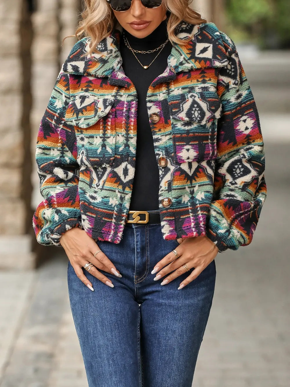 Geometric Dropped Shoulder Balloon Sleeve Outerwear - V.I.P Digital Presence