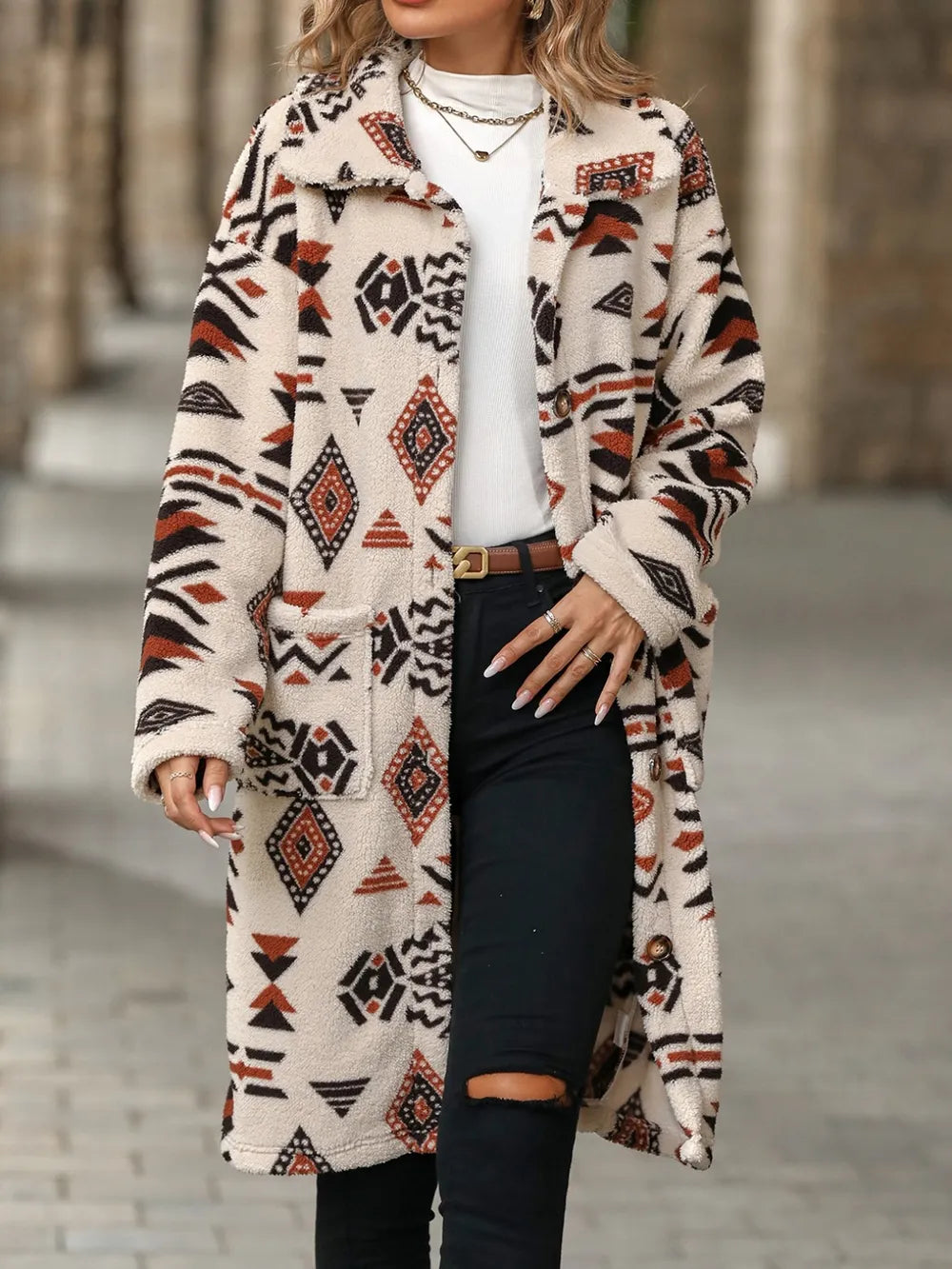 Geometric Pocketed Dropped Shoulder Coat - V.I.P Digital Presence