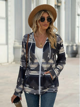 Geometric Zip Up Long Sleeve Hooded Jacket - V.I.P Digital Presence