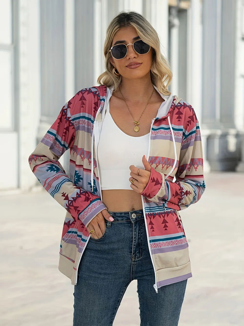 Geometric Zip Up Long Sleeve Hooded Jacket - V.I.P Digital Presence