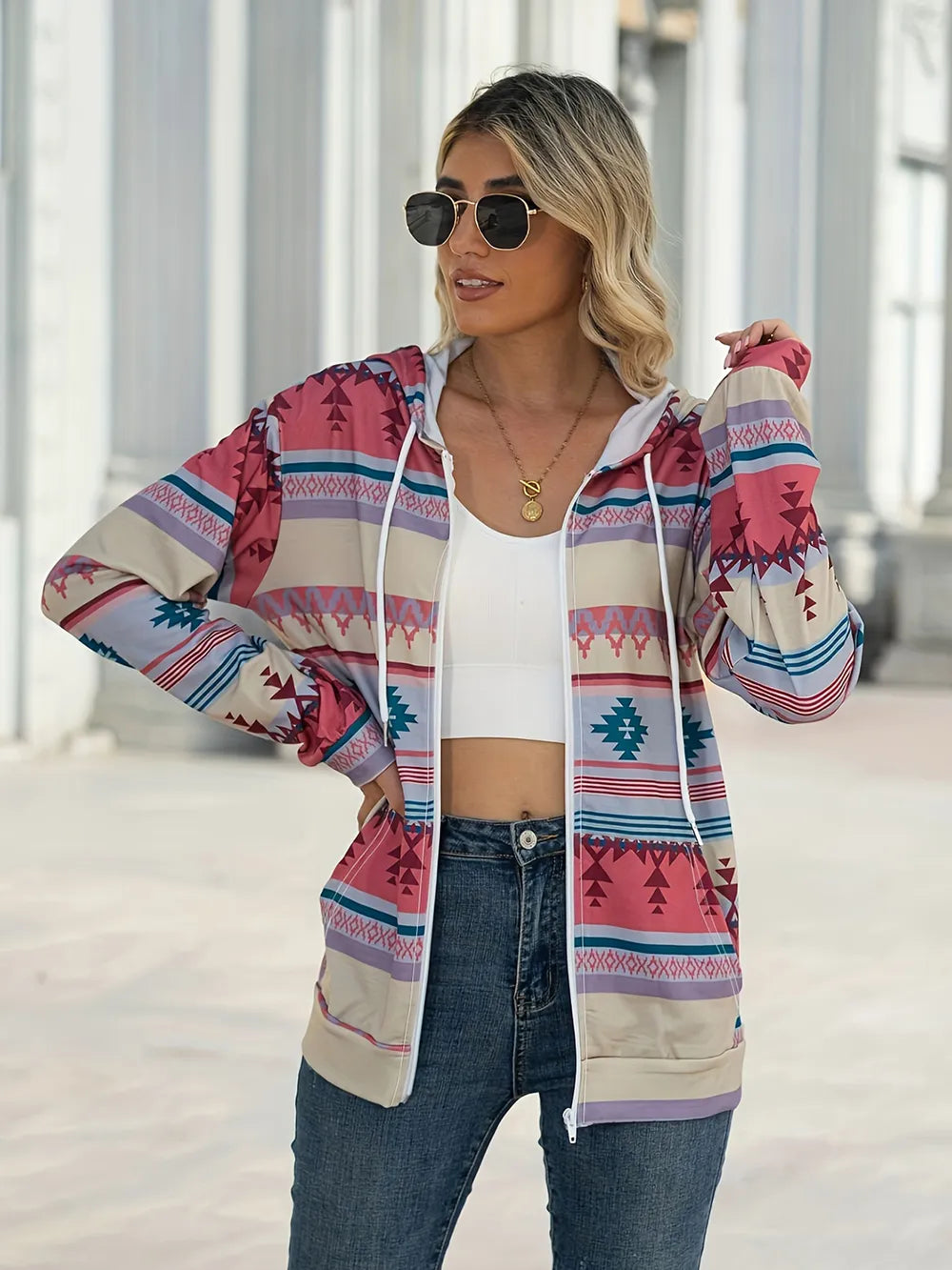 Geometric Zip Up Long Sleeve Hooded Jacket - V.I.P Digital Presence