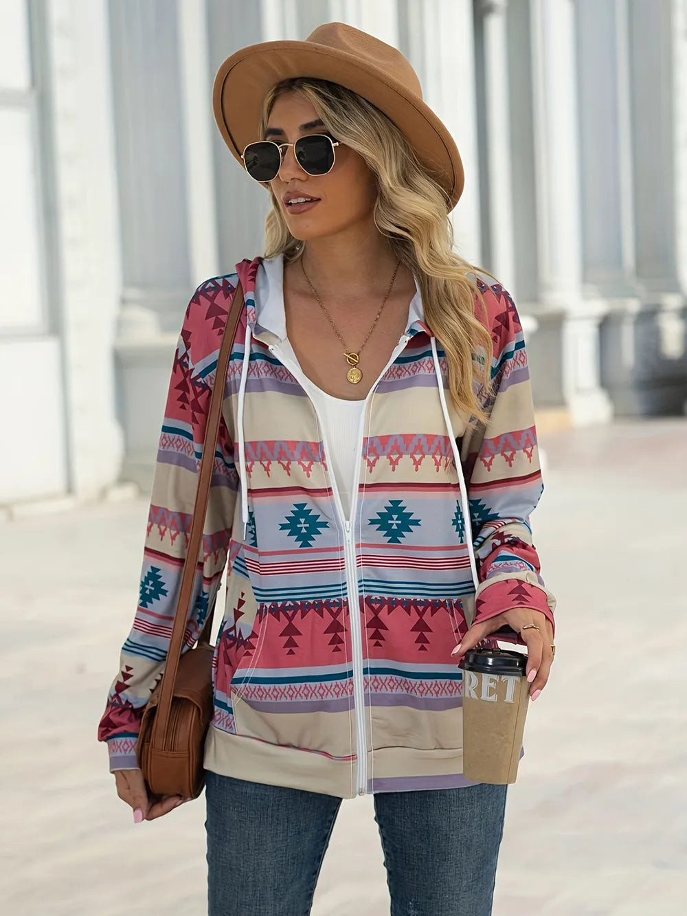 Geometric Zip Up Long Sleeve Hooded Jacket - V.I.P Digital Presence