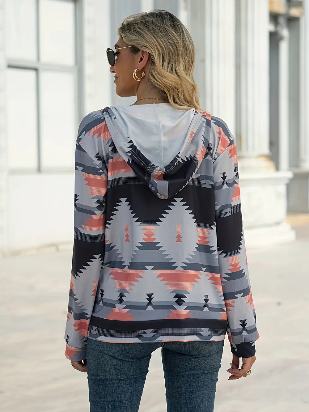 Geometric Zip Up Long Sleeve Hooded Jacket - V.I.P Digital Presence