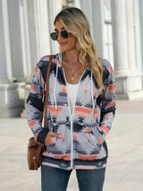Geometric Zip Up Long Sleeve Hooded Jacket - V.I.P Digital Presence