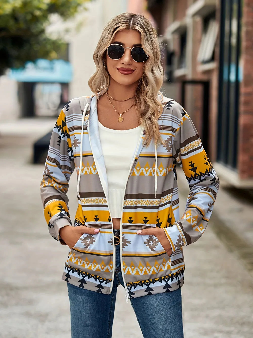 Geometric Zip Up Long Sleeve Hooded Jacket - V.I.P Digital Presence
