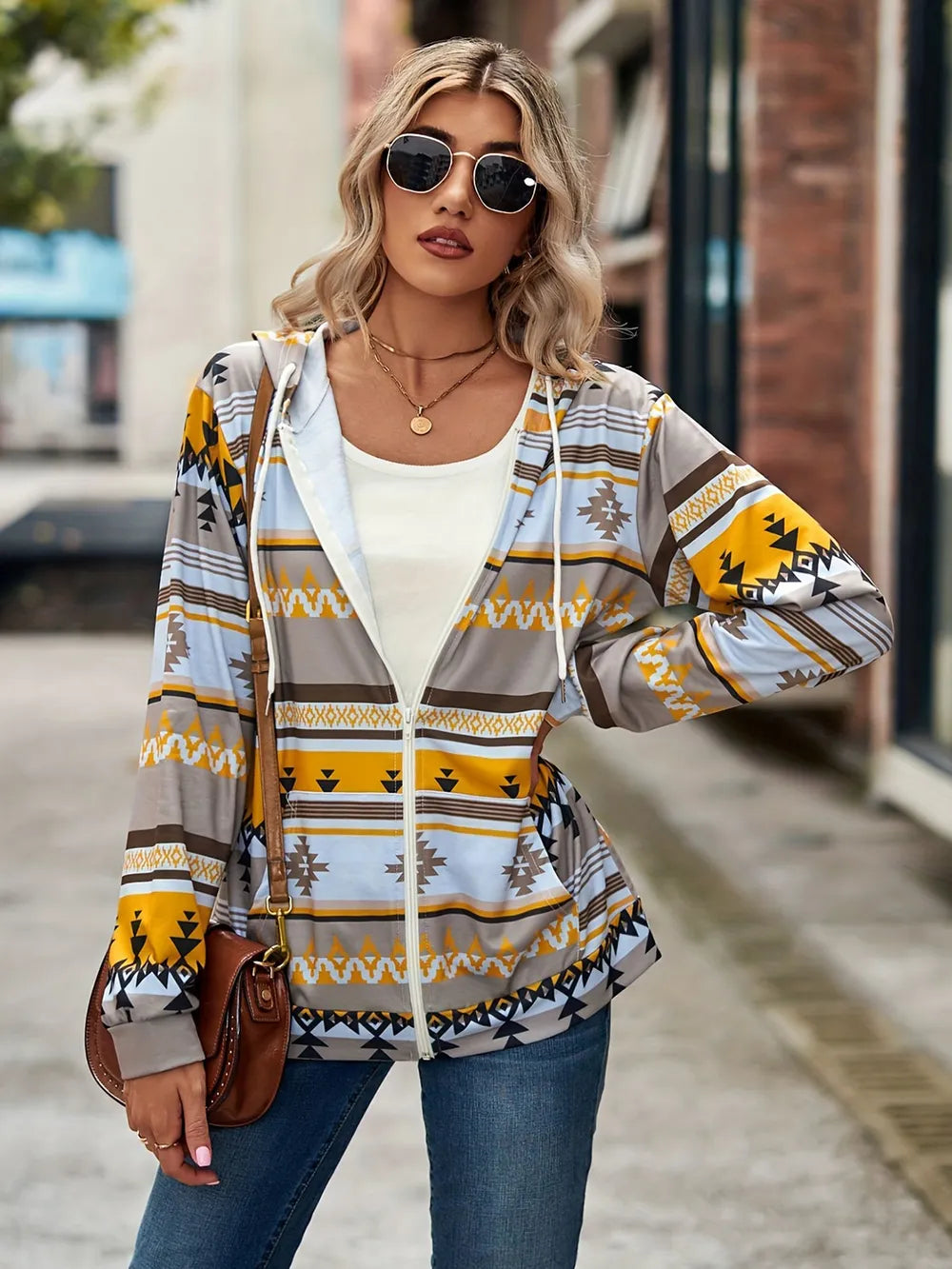 Geometric Zip Up Long Sleeve Hooded Jacket - V.I.P Digital Presence