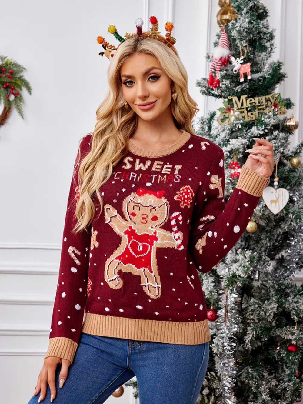 Gingerbread man pattern long sleeved pullover sweater - V.I.P Digital Presence