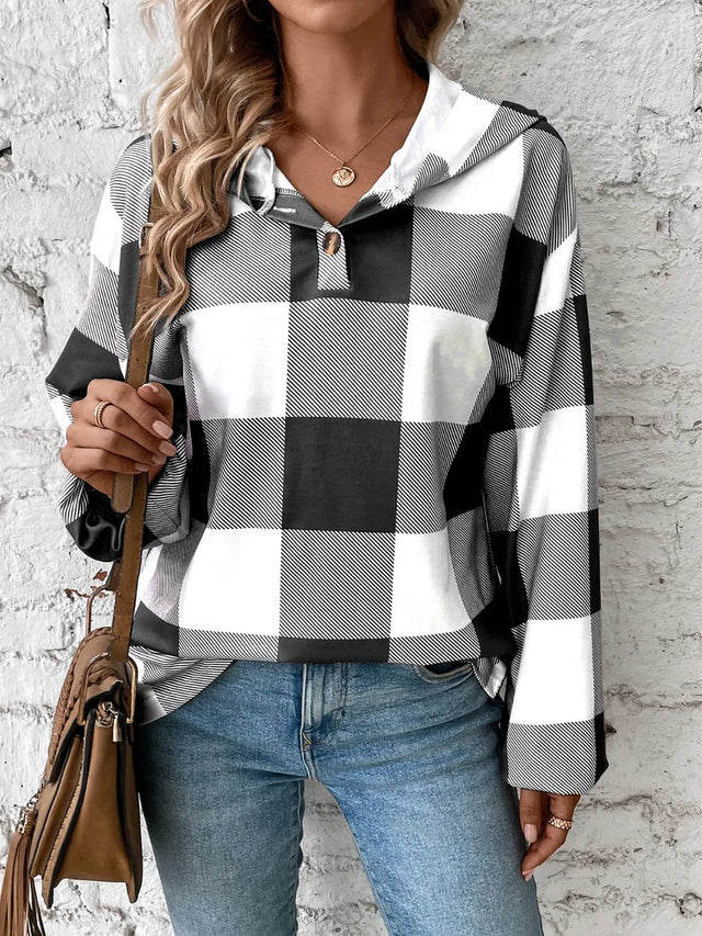 Grid printed loose casual fashionable button long sleeved hooded sweatshirt - V.I.P Digital Presence