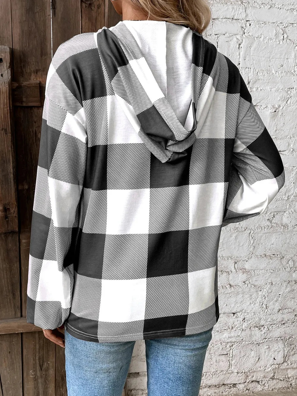 Grid printed loose casual fashionable button long sleeved hooded sweatshirt - V.I.P Digital Presence