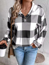 Grid printed loose casual fashionable button long sleeved hooded sweatshirt - V.I.P Digital Presence