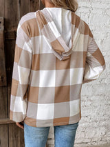 Grid printed loose casual fashionable button long sleeved hooded sweatshirt - V.I.P Digital Presence