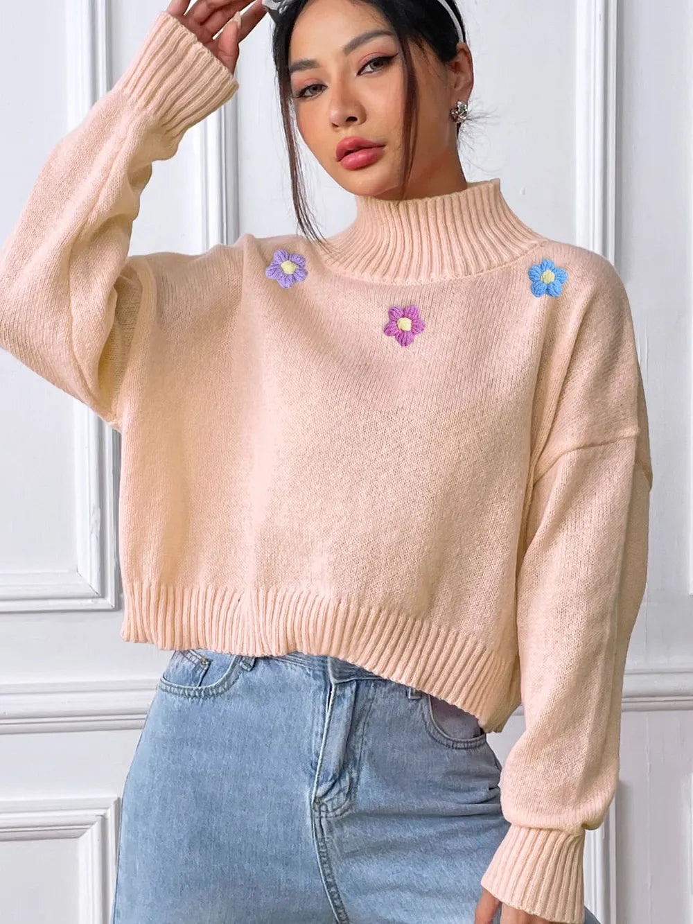 Hand hook flower collage high neck pullover sweater loose casual base sweater - V.I.P Digital Presence