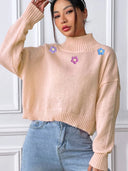Hand hook flower collage high neck pullover sweater loose casual base sweater - V.I.P Digital Presence