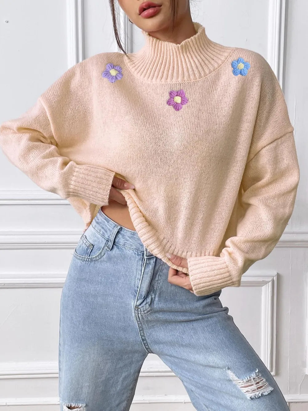 Hand hook flower collage high neck pullover sweater loose casual base sweater - V.I.P Digital Presence
