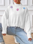 Hand hook flower collage high neck pullover sweater loose casual base sweater - V.I.P Digital Presence