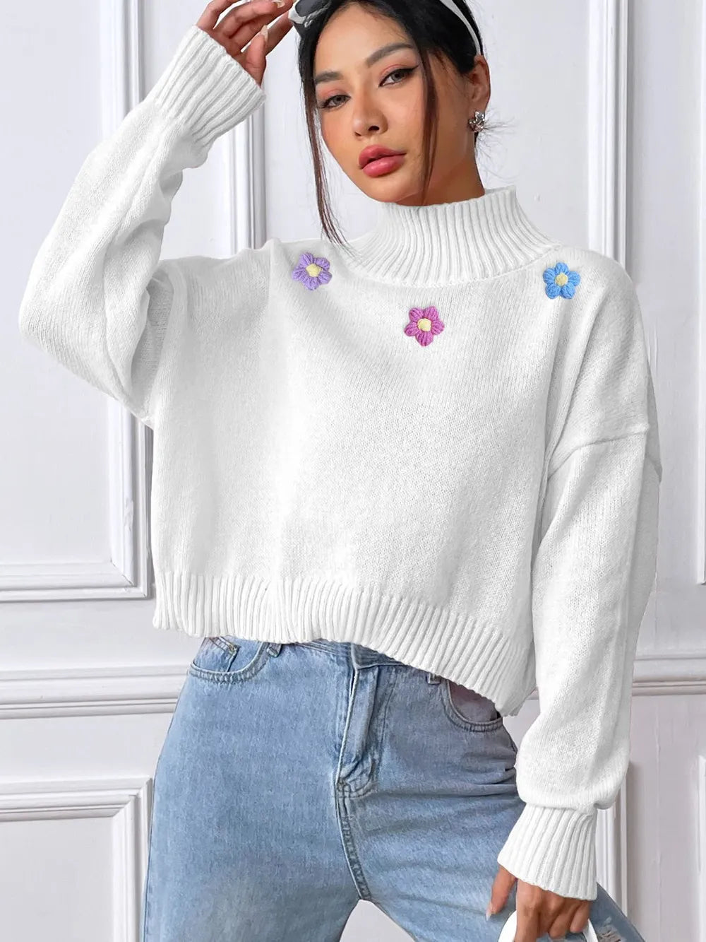 Hand hook flower collage high neck pullover sweater loose casual base sweater - V.I.P Digital Presence