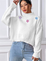 Hand hook flower collage high neck pullover sweater loose casual base sweater - V.I.P Digital Presence
