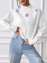 Hand hook flower collage high neck pullover sweater loose casual base sweater - V.I.P Digital Presence