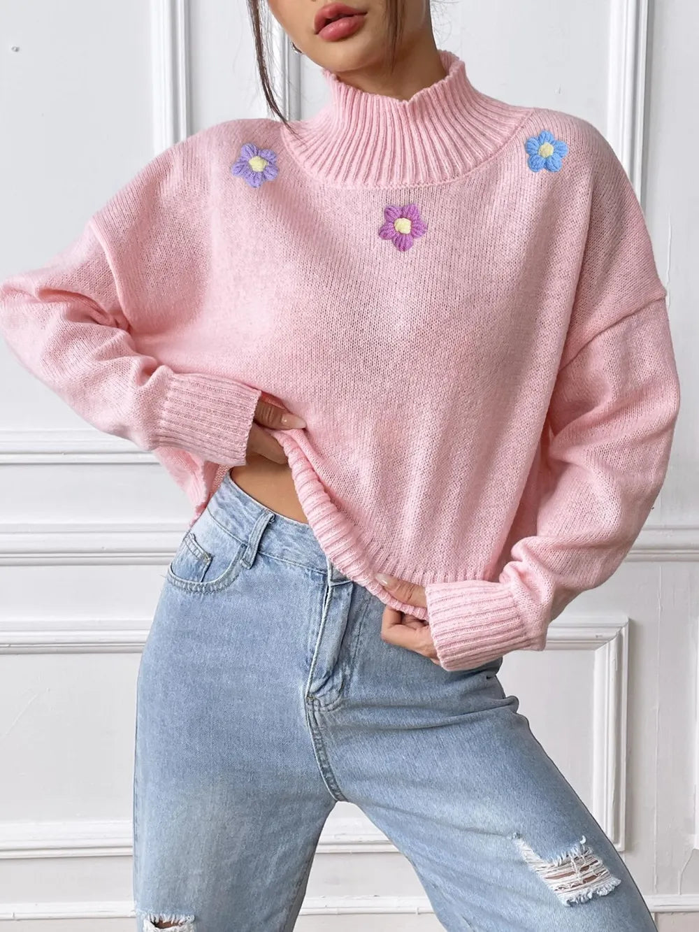 Hand hook flower collage high neck pullover sweater loose casual base sweater - V.I.P Digital Presence