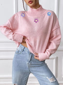 Hand hook flower collage high neck pullover sweater loose casual base sweater - V.I.P Digital Presence