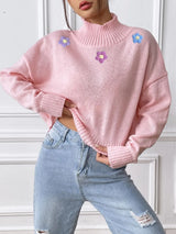 Hand hook flower collage high neck pullover sweater loose casual base sweater - V.I.P Digital Presence