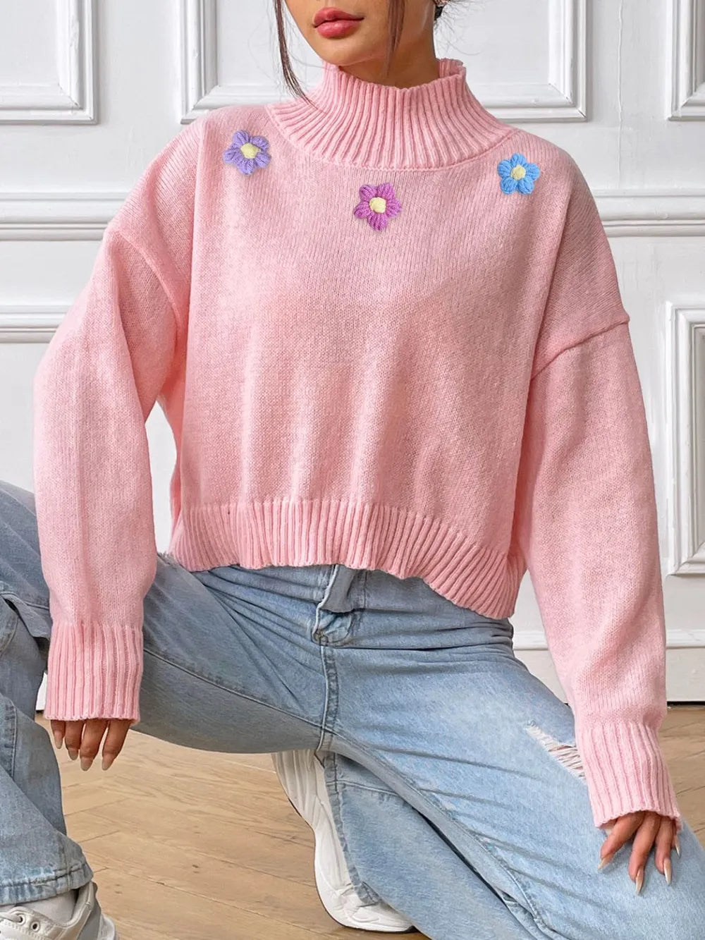 Hand hook flower collage high neck pullover sweater loose casual base sweater - V.I.P Digital Presence
