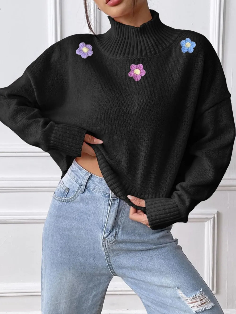 Hand hook flower collage high neck pullover sweater loose casual base sweater - V.I.P Digital Presence