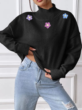 Hand hook flower collage high neck pullover sweater loose casual base sweater - V.I.P Digital Presence