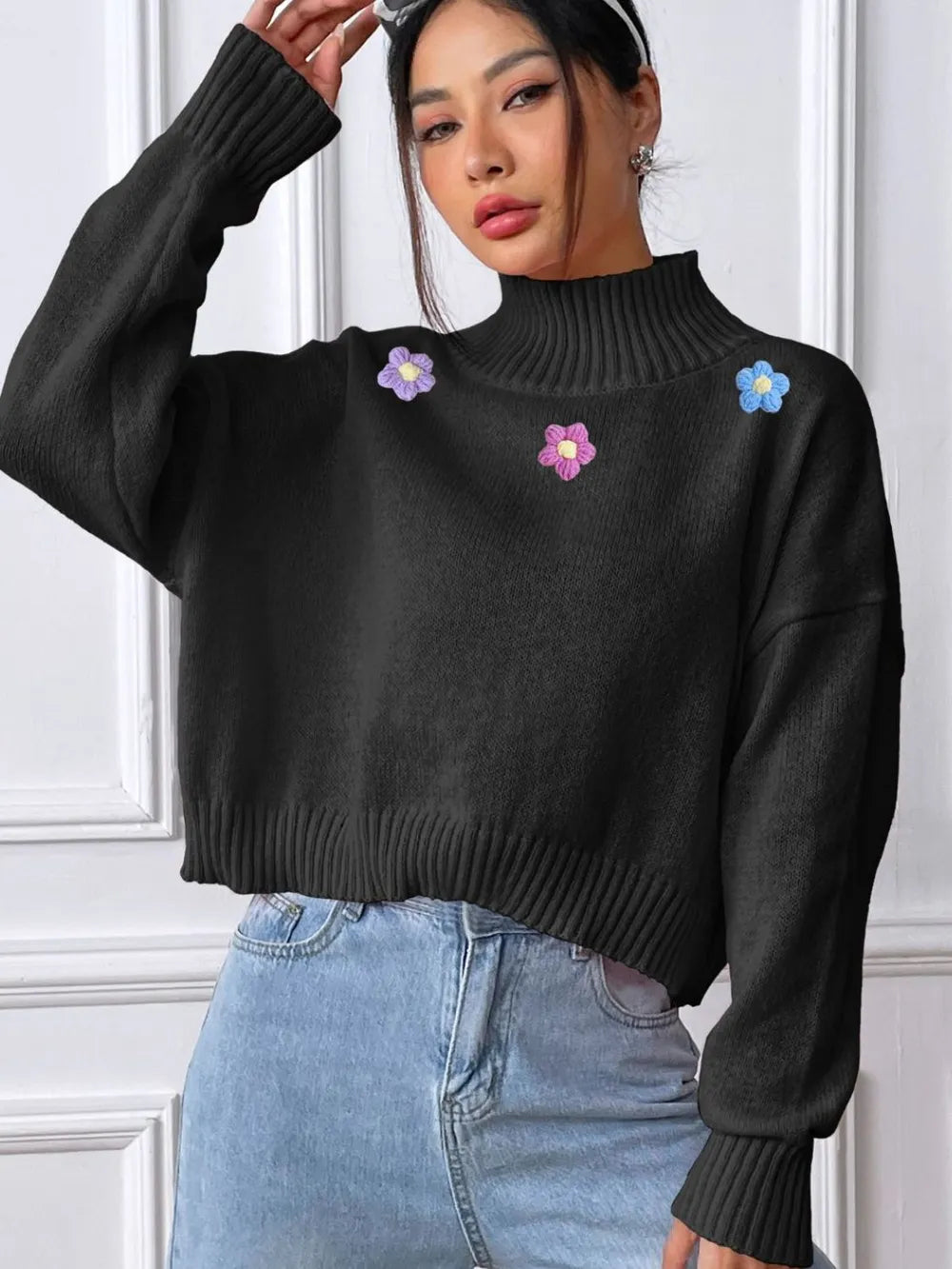 Hand hook flower collage high neck pullover sweater loose casual base sweater - V.I.P Digital Presence