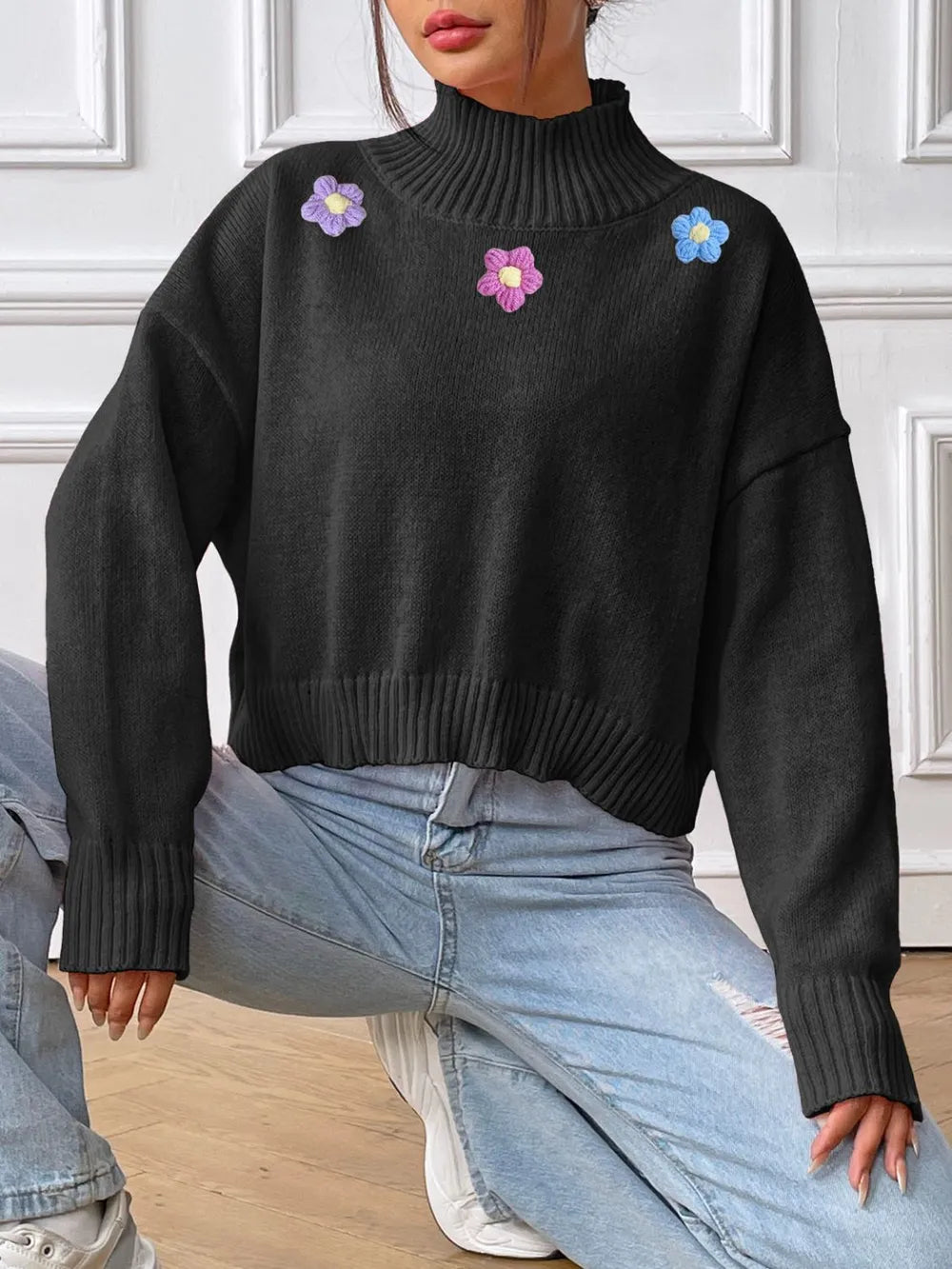 Hand hook flower collage high neck pullover sweater loose casual base sweater - V.I.P Digital Presence